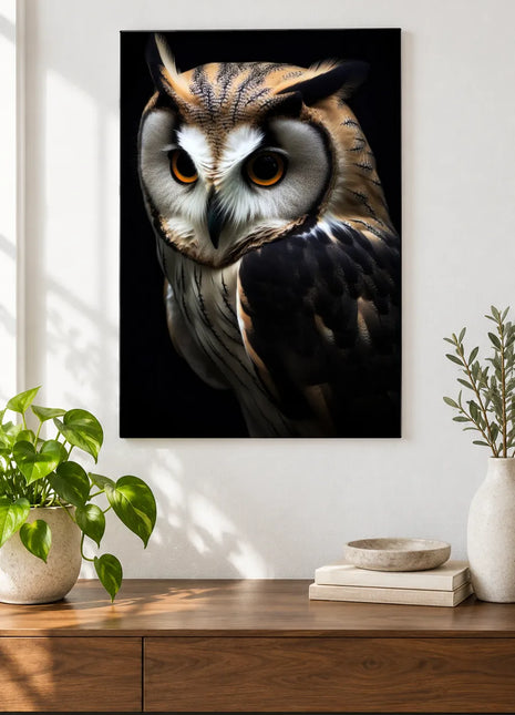 Over-the-Shoulder Watch Wall Art, shown as frameless acrylic artwork above a walnut console against a white wall.
