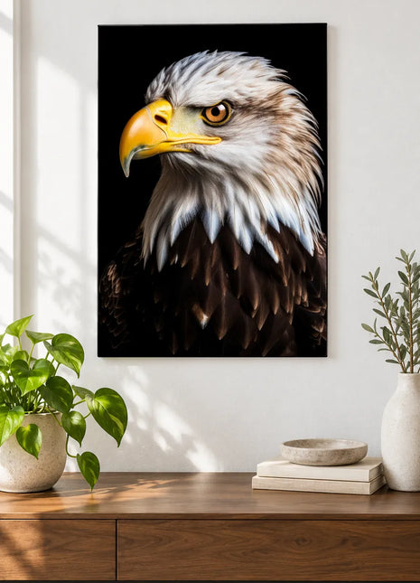 Silver-Crested Bald Eagle Wall Art, shown as frameless acrylic artwork above a walnut console against a white wall.