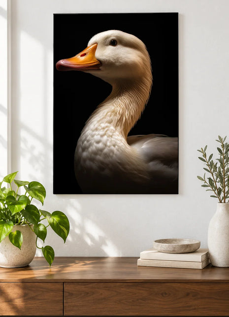 Cream-Feathered Duck Wall Art, shown as frameless acrylic artwork above a walnut console against a white wall.