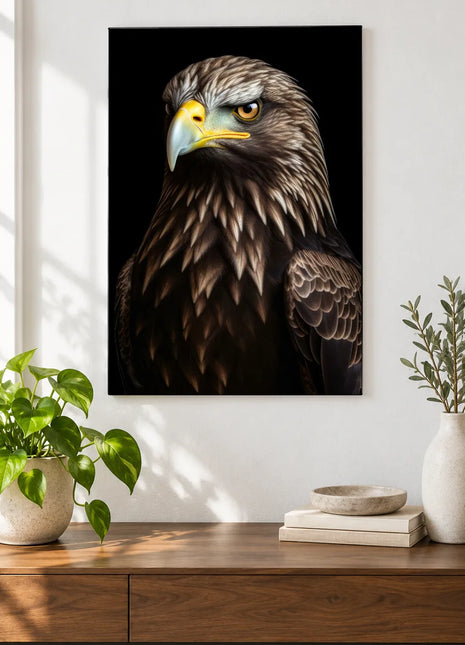 Feathers in Command Wall Art, shown as frameless acrylic artwork above a walnut console against a white wall.