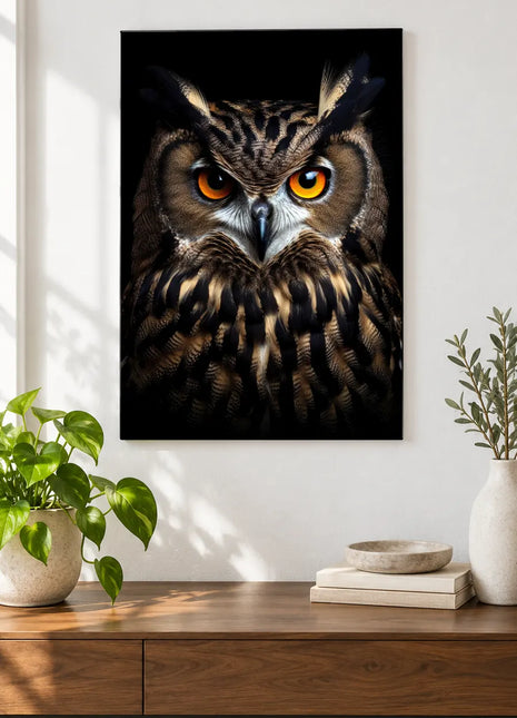 The Night Shift Wall Art, shown as frameless acrylic artwork above a walnut console against a white wall.