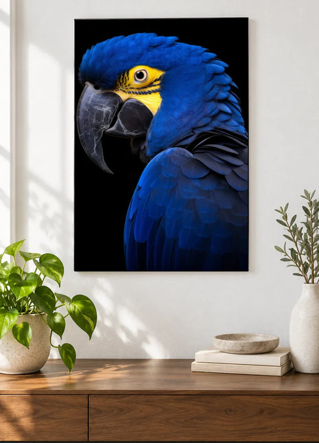 Electric Plumage Wall Art, shown as frameless acrylic artwork above a walnut console against a white wall.