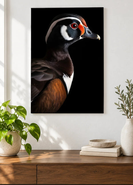 Dressed to Quack Wall Art, shown as frameless acrylic artwork above a walnut console against a white wall.