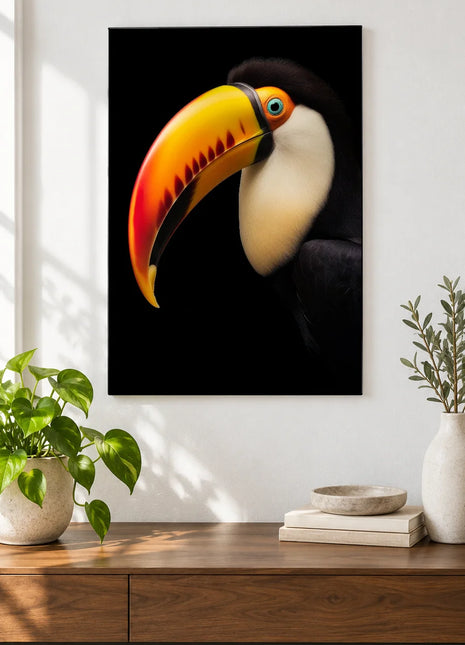 A Bill of Many Colors Wall Art, shown as frameless acrylic artwork above a walnut console against a white wall.