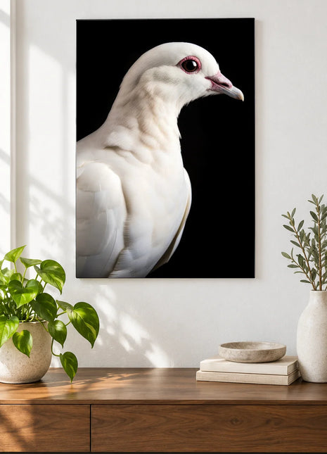 White Whisper Wall Art, shown as frameless acrylic artwork above a walnut console against a white wall.