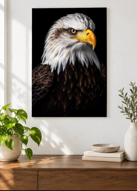 Feathered Authority Wall Art, shown as frameless acrylic artwork above a walnut console against a white wall.