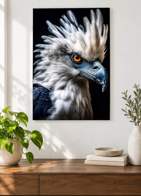 Crown in Motion Wall Art, shown as frameless acrylic artwork above a walnut console against a white wall.