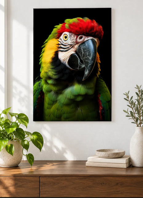 The Scarlet Topper (Green Parrot), shown as frameless acrylic artwork above a walnut console against a white wall.