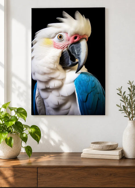 Blue Shoulders, Big Personality Wall Art, shown as frameless acrylic artwork above a walnut console against a white wall.