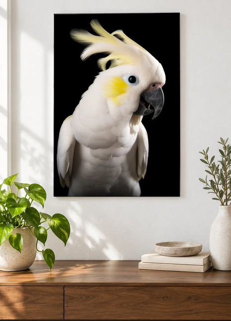 A Little Crest Appeal Wall Art, shown as frameless acrylic artwork above a walnut console against a white wall.