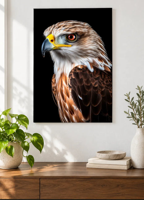Sharp-Dressed Raptor Wall Art, shown as frameless acrylic artwork above a walnut console against a white wall.