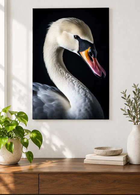 Grace in a Curve Wall Art, shown as frameless acrylic artwork above a walnut console against a white wall.