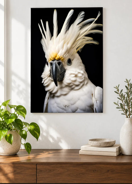 Crest Factor Wall Art, shown as frameless acrylic artwork above a walnut console against a white wall.