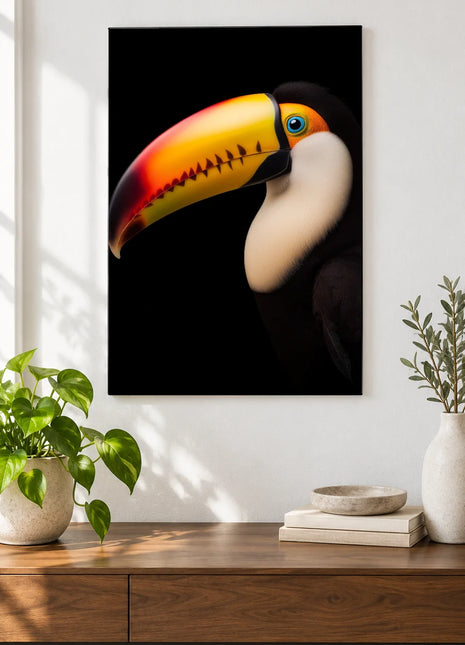 Big Bill Energy (Toucan), shown as frameless acrylic artwork above a walnut console against a white wall.