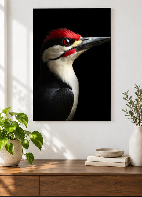 Red Cap, Sharp Point Wall Art, shown as frameless acrylic artwork above a walnut console against a white wall.