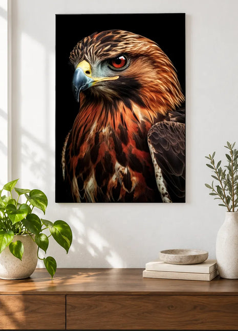 Copper Collar Wall Art, shown as frameless acrylic artwork above a walnut console against a white wall.