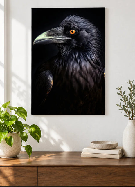 Black Tie and Amber Wall Art, shown as frameless acrylic artwork above a walnut console against a white wall.