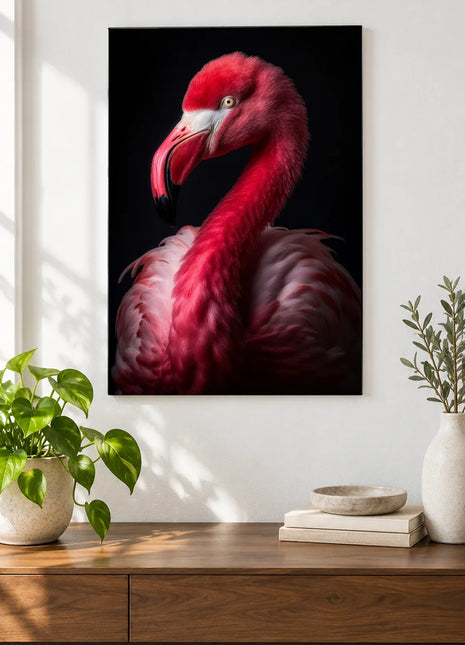 Flamingo Flair Wall Art, shown as frameless acrylic artwork above a walnut console against a white wall.