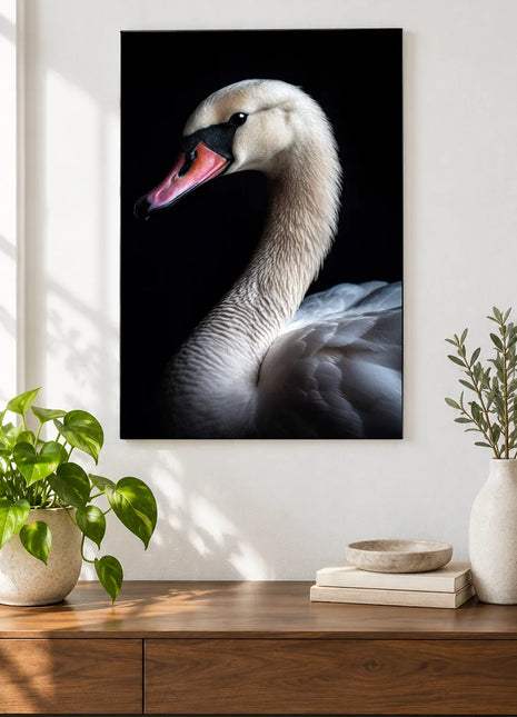 A Swan's Poise Wall Art, shown as frameless acrylic artwork above a walnut console against a white wall.