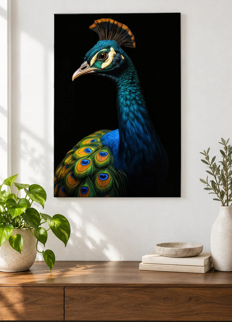 Peacock Pizzazz Wall Art, shown as frameless acrylic artwork above a walnut console against a white wall.
