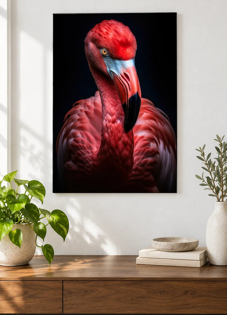 Head Down, Feathers Up Wall Art, shown as frameless acrylic artwork above a walnut console against a white wall.