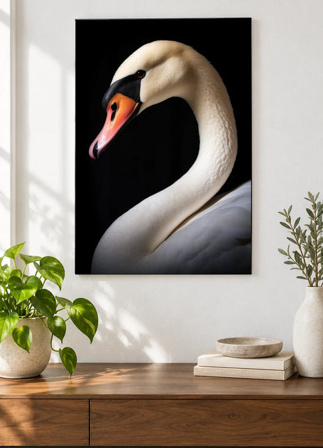 The Swan Loop Wall Art, shown as frameless acrylic artwork above a walnut console against a white wall.