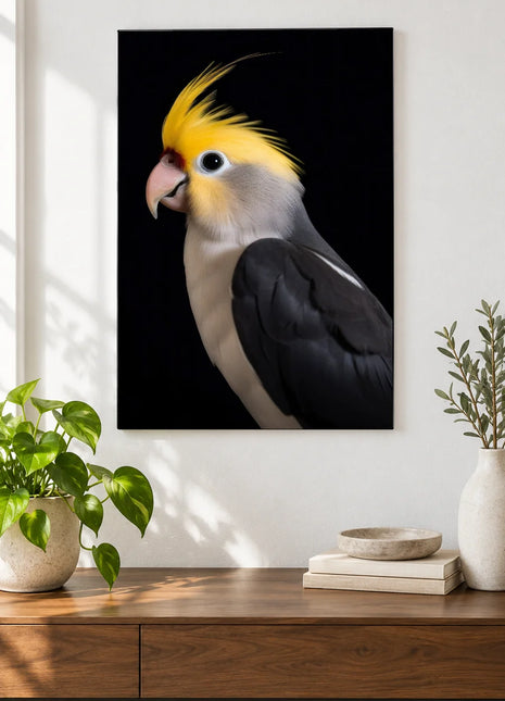 Little Yellow Mohawk Wall Art, shown as frameless acrylic artwork above a walnut console against a white wall.