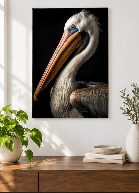 Golden Bill, Quiet Poise Wall Art, shown as frameless acrylic artwork above a walnut console against a white wall.