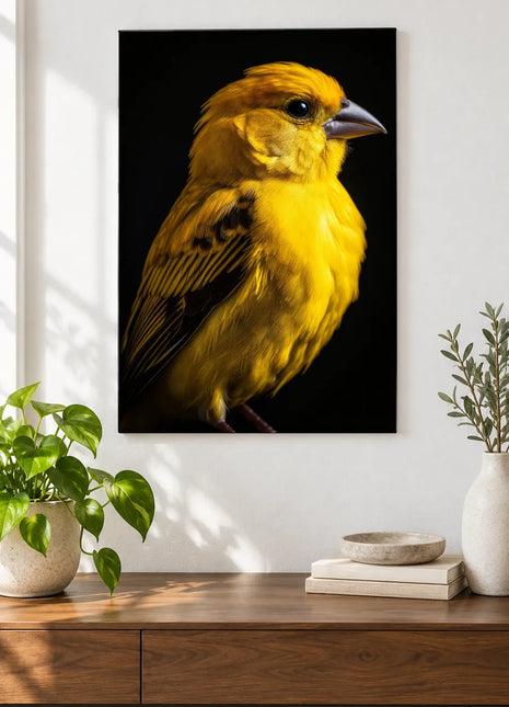 Pocketful of Sunshine (Songbird), shown as frameless acrylic artwork above a walnut console against a white wall.