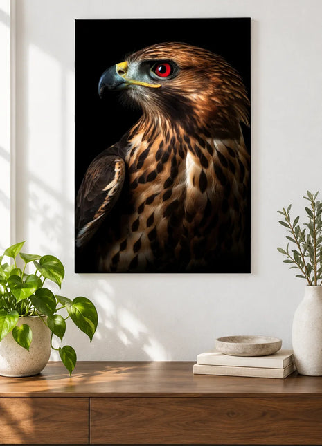 Ruby-Eyed Resolve Wall Art, shown as frameless acrylic artwork above a walnut console against a white wall.