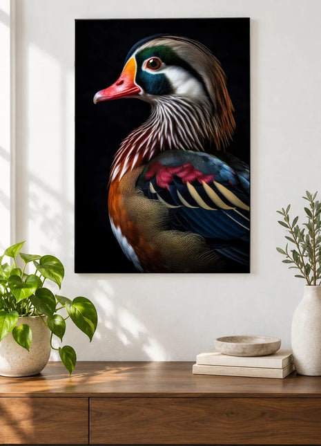Quack Couture Wall Art, shown as frameless acrylic artwork above a walnut console against a white wall.