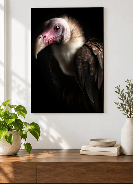 Ruffled Respectability Wall Art, shown as frameless acrylic artwork above a walnut console against a white wall.