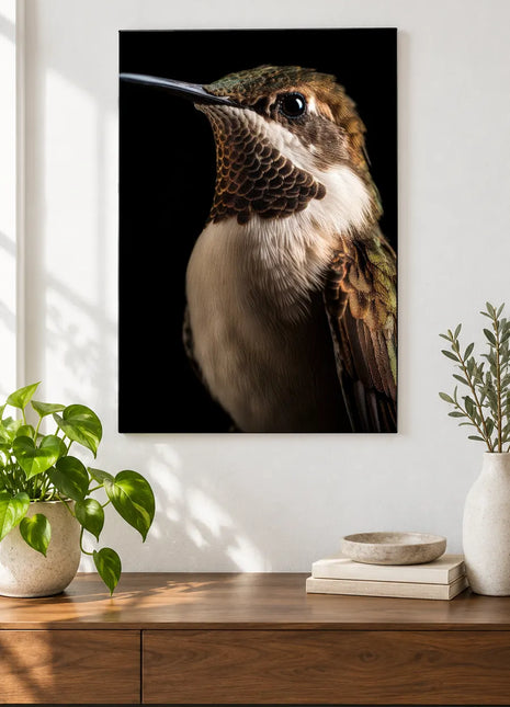 Small Bird, Long Story Wall Art, shown as frameless acrylic artwork above a walnut console against a white wall.