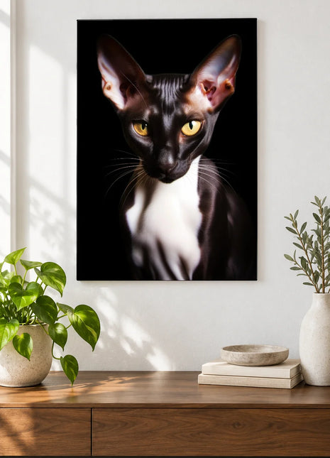 Black Tie Whiskers Wall Art, shown as frameless acrylic artwork above a walnut console against a white wall.
