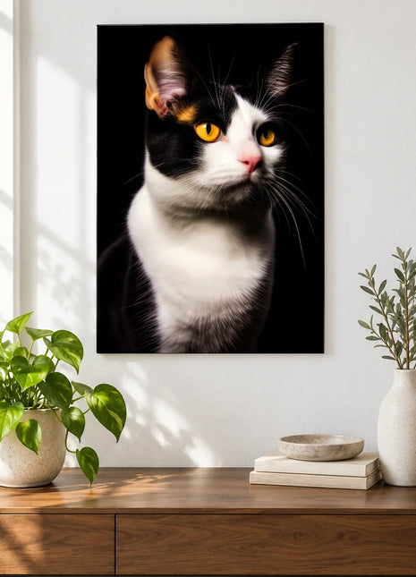Tuxedo Side-Eye Wall Art, shown as frameless acrylic artwork above a walnut console against a white wall.
