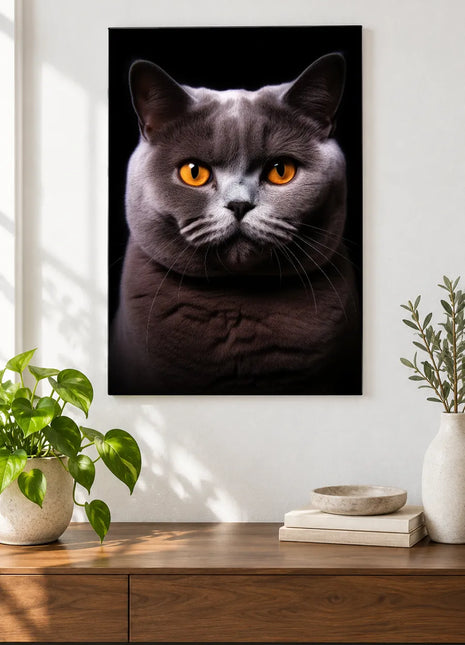 Cheeky Charcoal Wall Art, shown as frameless acrylic artwork above a walnut console against a white wall.