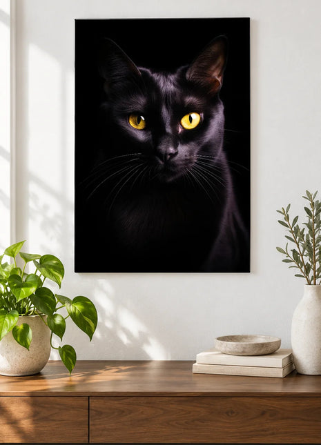 Midnight Meow Wall Art, shown as frameless acrylic artwork above a walnut console against a white wall.