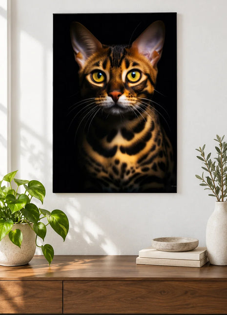 Spot On Wall Art, shown as frameless acrylic artwork above a walnut console against a white wall.