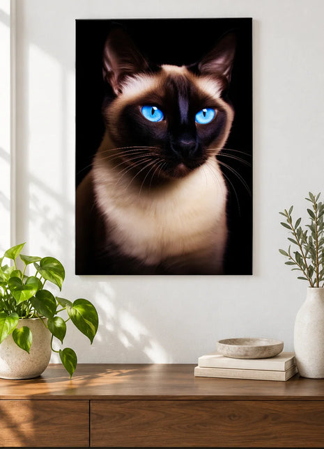 Blue-Eyed Mischief Wall Art, shown as frameless acrylic artwork above a walnut console against a white wall.