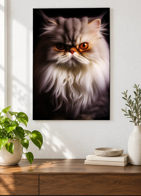 Fluff with Attitude Wall Art, shown as frameless acrylic artwork above a walnut console against a white wall.