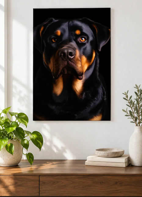 The Tan-Brow Boss Wall Art, shown as frameless acrylic artwork above a walnut console against a white wall.