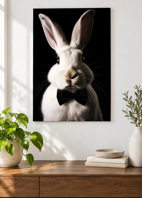The Bow-Tie Bunny Wall Art, shown as frameless acrylic artwork above a walnut console against a white wall.