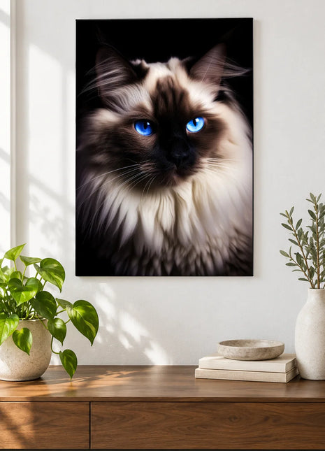 Blue Eyes, Full Fluff Wall Art, shown as frameless acrylic artwork above a walnut console against a white wall.
