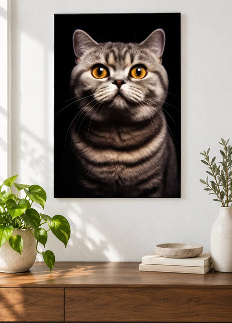 What's Up, Whiskers? Wall Art, shown as frameless acrylic artwork above a walnut console against a white wall.