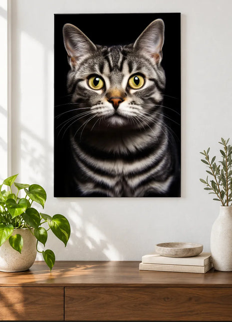 Whisker Stripes Wall Art, shown as frameless acrylic artwork above a walnut console against a white wall.