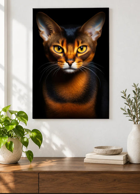 All Ears and Amber Wall Art, shown as frameless acrylic artwork above a walnut console against a white wall.