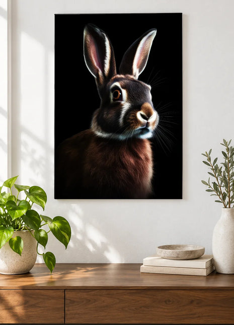 Ears to the Right Wall Art, shown as frameless acrylic artwork above a walnut console against a white wall.