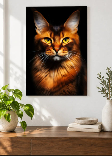 Orange You Furry Wall Art, shown as frameless acrylic artwork above a walnut console against a white wall.