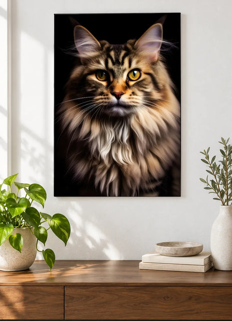 Tufts of Personality Wall Art, shown as frameless acrylic artwork above a walnut console against a white wall.