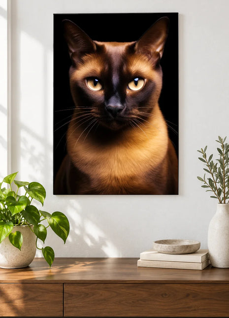 Sable and Sass Wall Art, shown as frameless acrylic artwork above a walnut console against a white wall.